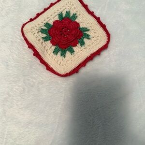 Handcrafted Red and Cream Crochet Floral Potholder